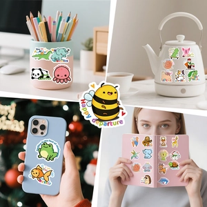 Waterproof cartoon animal stickers showing decoration on phone case and kettle