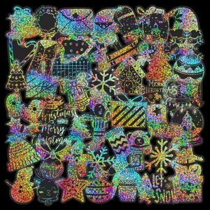50pcs holographic Christmas PET stickers with laser silver finish and retro butterfly designs