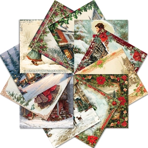Radial layout of 12 Victorian winter scrapbooking papers with retro holiday illustrations