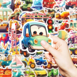 50pcs colorful cartoon vehicle stickers including trucks and excavators for kids, 2 inch size