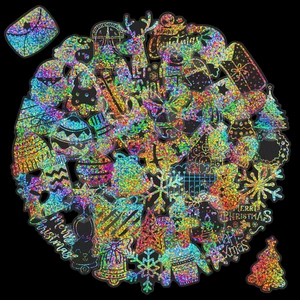 Macro detail of holographic Christmas PET stickers with sparkling laser silver finish