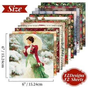 12 sheets of Victorian winter scrapbooking paper with vintage floral and festive designs
