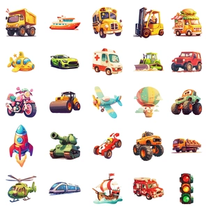 Flat cartoon transport stickers showing trucks, planes and ships in a 5x5 grid layout