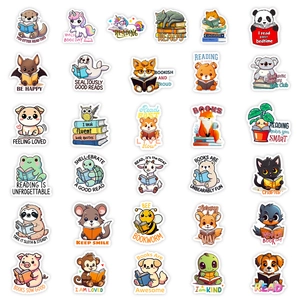 Set of 30 cute cartoon animal reading stickers for laptop decor with various book themes