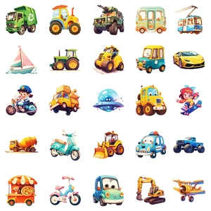 50pcs cartoon vehicle stickers featuring excavators and trucks for kids luggage decoration
