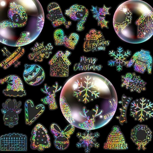50 holographic Christmas PET stickers with laser silver glitter snowflakes and deer