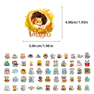 Detailed view of 50 cartoon animal reading stickers with size dimensions for laptop decor