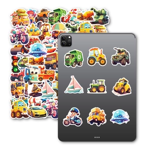 Detailed stickers with cartoon vehicles like trucks and tractors on a grey tablet cover