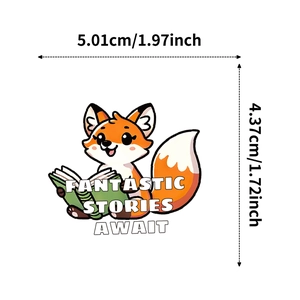 Cartoon fox reading book sticker dimensions showing 5.01cm width and 4.37cm height