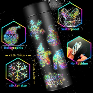Waterproof holographic Christmas stickers on a black water bottle with snowflake patterns