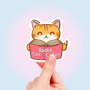 Close-up of cute cat reading a book sticker with Books, Cats, and Coffee text
