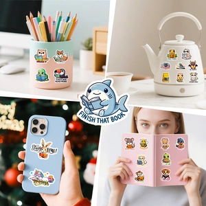 Animals reading stickers applied on pen holder, water bottle and ebook cover