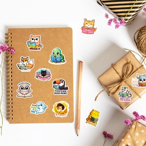 Cartoon animal reading stickers on notebook with pencil and flowers scenery