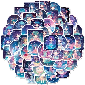 Detailed view of dreamy blue-purple starry sky girl stickers for DIY decoration