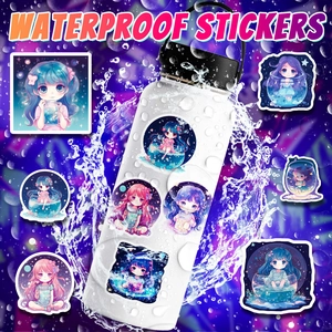 Waterproof anime girl stickers applied on a white water bottle with starlight aesthetic