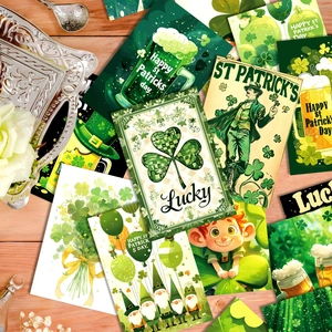 Detailed view of St. Patrick’s Day gnomes cards with clovers on a wooden background