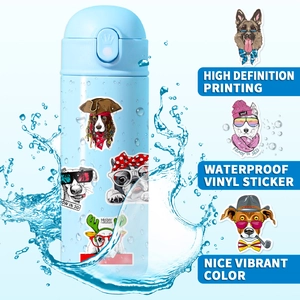 Waterproof vinyl cartoon dog stickers shown on a blue bottle with water splash effects