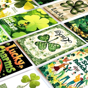 Detailed view of St. Patrick's Day wall cards with green clovers and festive gnome designs