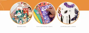 Detail view of festive Christmas greeting cards and Halloween themed craft stickers