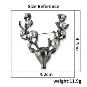 Size details for the Christmas elk brooch with grey pearls measuring 4.7cm by 4.2cm