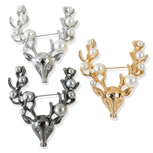 Christmas reindeer brooch pins set with pearls in gold, silver, and black metal finishes