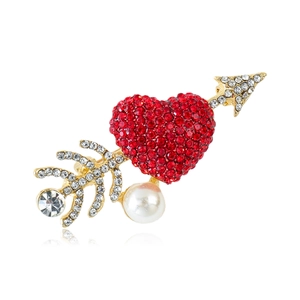 Fashion alloy heart and arrow brooch with red crystals and hanging pearl detail