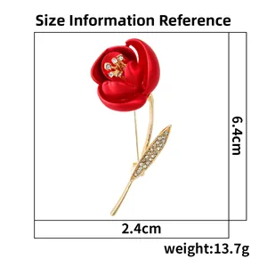Size chart showing a 6.4cm red rose brooch with weight 13.7g and crystal accents