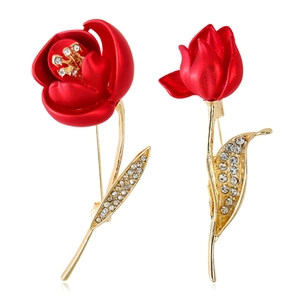 Elegant vintage red rose and camellia flower brooch set with crystals on gold plating