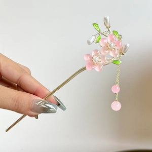 Chinesische Haarspange mit rosa Harzblumen, Perlen und goldenen Quasten für Damen-Frisuren