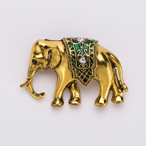 Vintage Elefant Brosche mit grüner Emaille, Strasssteinen und Antik-Gold-Finish