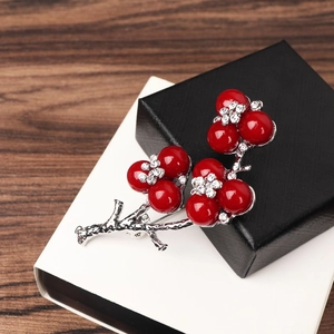 Détail macro de broche fleur de baies rouges avec branches argentées et strass blancs
