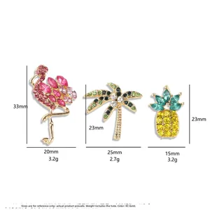 Detailed size specifications for tropical flamingo coconut tree and pineapple crystal brooches