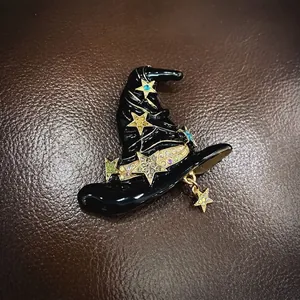 Halloween witch hat brooch with colorful rhinestones and gold stars on leather