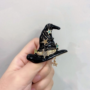 Halloween witch hat brooch with black enamel and colorful star rhinestones