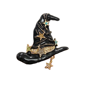Vintage Halloween Witch Wizard Hat Brooch Alloy Rhinestone Enamel Black Gold Star Pendant Pin For Men Women Party Jewelry Gift