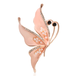 Elegant Alloy Butterfly Brooch Pin With Pink Enamel Rhinestone Imitation Artificial Pearl Women Wedding Party Decorative Jewelry