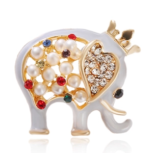 Exquisite Crown Elephant Brooch Alloy Rhinestone Enamel Faux Pearl Lapel Pin For Women Men Fashion Suit Jewelry Accessory