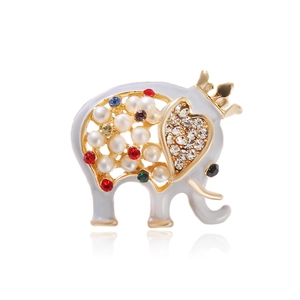 Exquisite golden elephant brooch with colorful rhinestones, pearls and crown detail