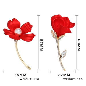 Elegant red enamel rose brooch set with pearls and rhinestones on gold plated alloy