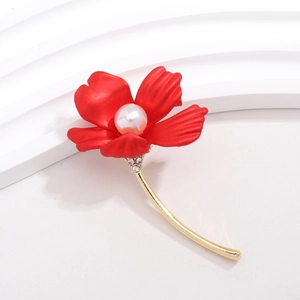 Elegant french red rose brooch with matte petals, white pearl center and gold metal finish