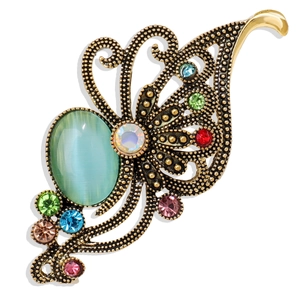 Vintage Alloy Rhinestone Butterfly Brooch For Women Retro Cat's Eye Stone Pin Luxury Banquet Party Clothing Accessories