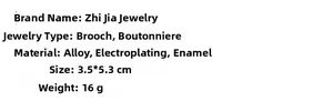 Enamel fox brooch details with alloy material specs and 3.5x5.3cm size dimensions