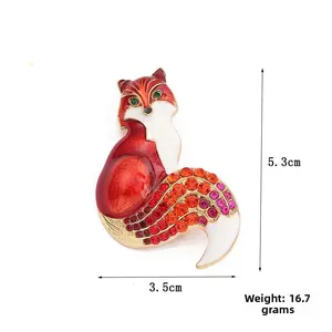 Sparkling fox brooch pin with colorful rhinestones and red enamel coating, 5.3cm x 3.5cm