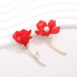 Elegant French red rose brooches with white pearls and sparkling crystal leaves