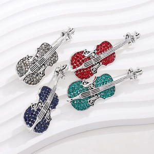 Creative silver-plated violin brooches with colorful rhinestones in four elegant colors