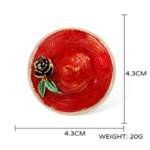 Red hat shaped enamel brooch with black rose and gold trim, 4.3cm diameter accessory