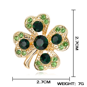 Élégante broche trèfle à quatre feuilles dorée avec strass verts, épingle florale de 2,7 cm