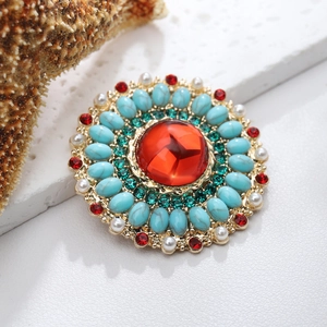 Retro Bohemian round brooch with red crystal and blue turquoise on gold metal base
