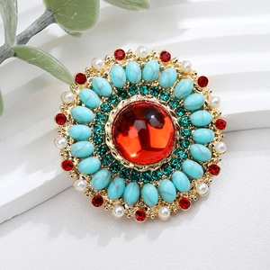 Retro Bohemian round flower brooch with blue turquoise, red stones, and pearls in gold alloy