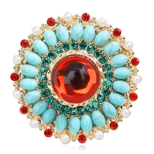 Vintage Bohemian Round Alloy Brooch With Red Stone Blue Faux Turquoise Artificial Pearl Rhinestone Flower Breastpin For Women Jewelry